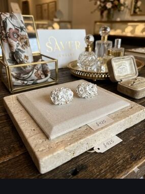 1960s White Enamel Flower Clip-On Earrings, Faux Pearl & Rhinestone Mid-clip In